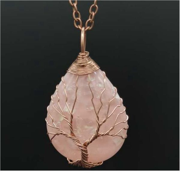 

blue crystal water drop pendant necklaces for women antique wire wrapped tree of life abalone shell resin necklace men qylhln, Black