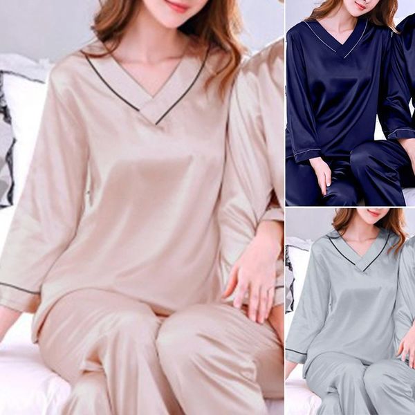 

zanzea women v neck sleepwear long sleeve blouse long pants pajama sets two-pieces casual pockets cotton sleep suits plus size t200429, Black;red