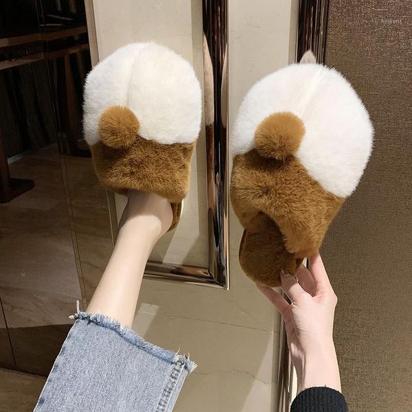 

slippers shoes women flat platform low slides fashion cover toe pantofle flock fur flip flops soft massage luxury 2021 plush1, Black