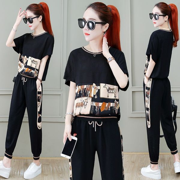 

women's new fashion suit 2020 summer korean style loose and comfortable tight pants tight pants tights printed casual leggings two-p, Gray