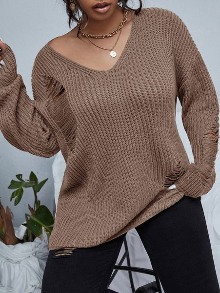 

plus ripped drop shoulder sweater k6kg#, Black