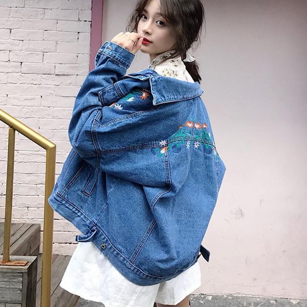 

ulzzan flower embroidered women denim jacket spring 2021 korean vintage bomber jacket loose long sleeved boyfriend denim, Tan;black