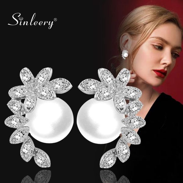 

stud sinleery gray white imitation pearl earrings yellow gold silver color crystal flower for women jewelry es525 ssp, Golden;silver