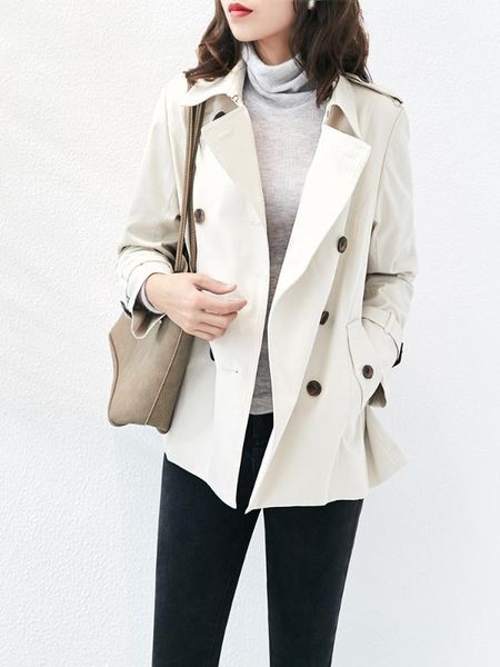 

women trench coat classic spring double breasted solid color short trench outerwear 2020 new arrival1, Tan;black