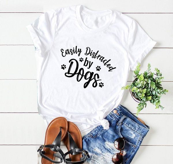 

easily distracted by dogs graphic t shirt women paw print short sleeve funny t shirts cute dog lover tee shirt outfits, White