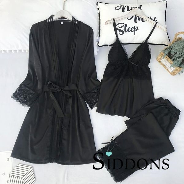 

siddons lady nightgown set womens 3pcs nightwear spring strap pajamas suit sleepwear lace robe gown lounge negligee home clothes1, Black;red