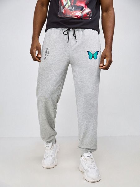 

romwe guys slogan butterfly graphic drawstring sweatpants q2r6#, Black