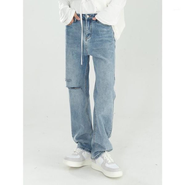 

male streetwear vintage fashion hip hop casual denim pant jean men broken hole straight jeans trousers1, Blue