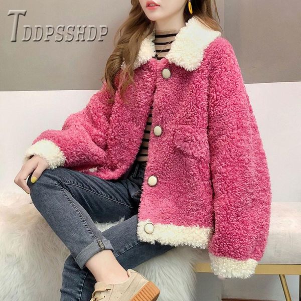 

winter clothing thicken imitation lambswool jacket women long sleeve candy color coat korean overcoat, Black;brown