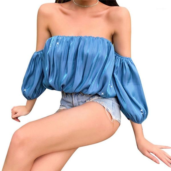 

women's blouses & shirts 2021 women solid off shoulder bodycon crop puff sleeve slim summer shirt1, White