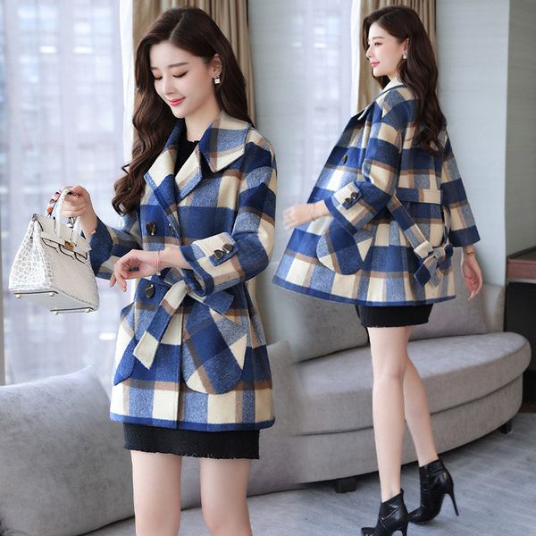 

autumn winter fashion plus size women's mid-length woolen korean sashes double breasted plaid wool coat female jacket r654, Black