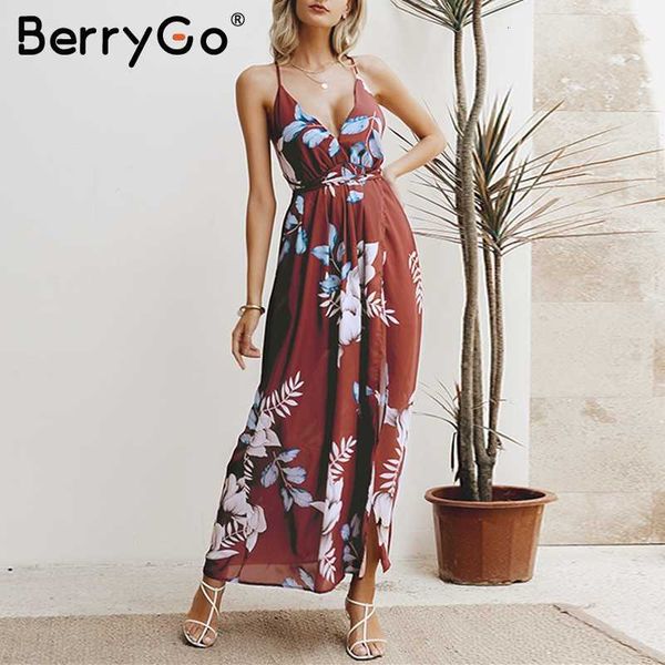 

berrygo backless bohemian summer dress women floral print deep v neck chifon female dresses holiday beach split ladies vestidos, Black;gray