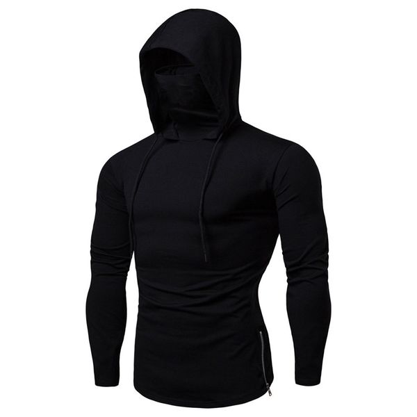 

mens gym thin hoodie long sleeve hoodies with mask sweatshirt sports hooded splice large open-forked male long sleeve pullovers, Black