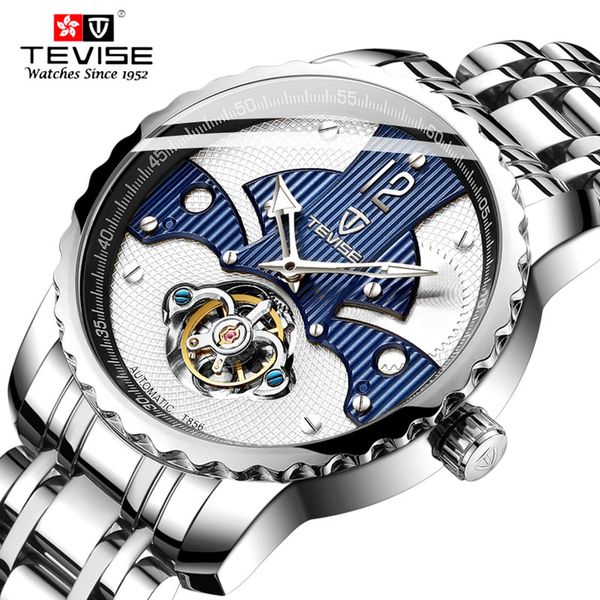 

fashion brand tevise men automatic mechanical watches men steel band trourbillon waterproof watches male gifts relogio masculino, Slivery;brown