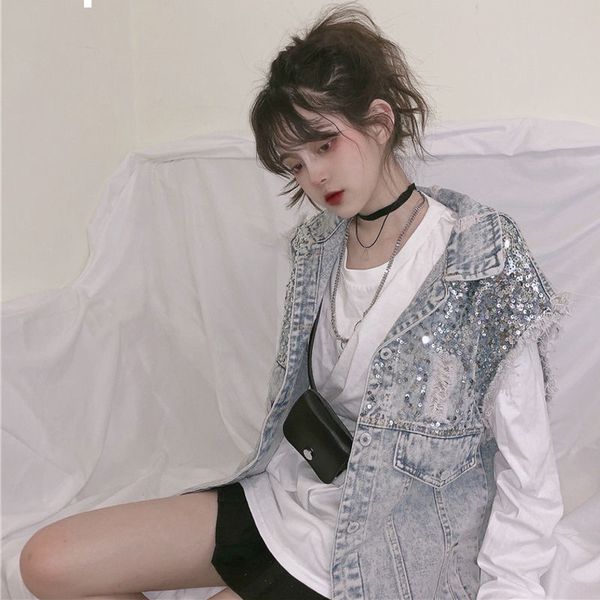 

2021 new spring medium long female summer denim single sequins breasted jean waistcoat y173 qdxw, Black;white