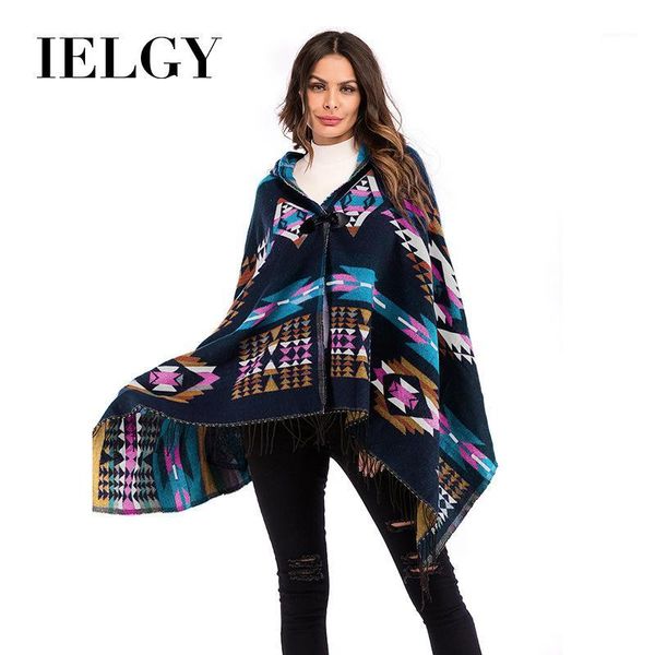 

ielgy hooded sweater women's fashion mid-length trendy printing fringed cape shawl wild wear1, White