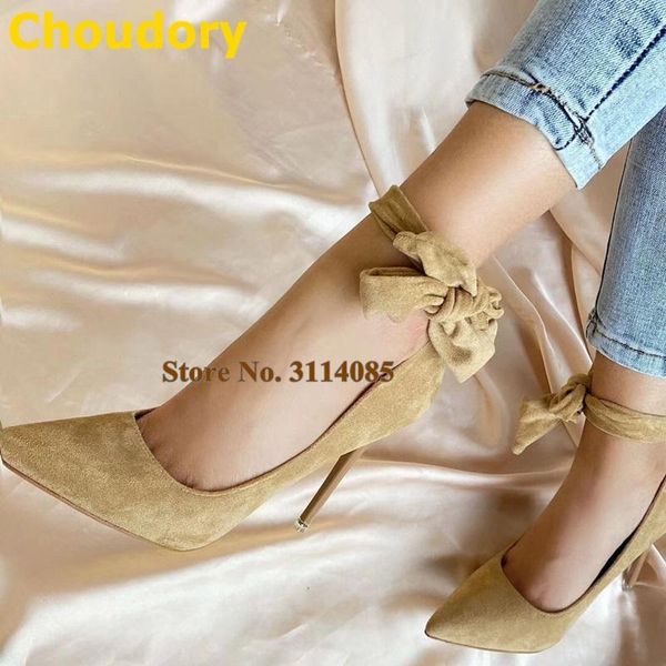 

choudory apricot suede big bowtie high heel shoes pointed toe lace-up dress pumps runway butterfly-knot women footwear size46, Black