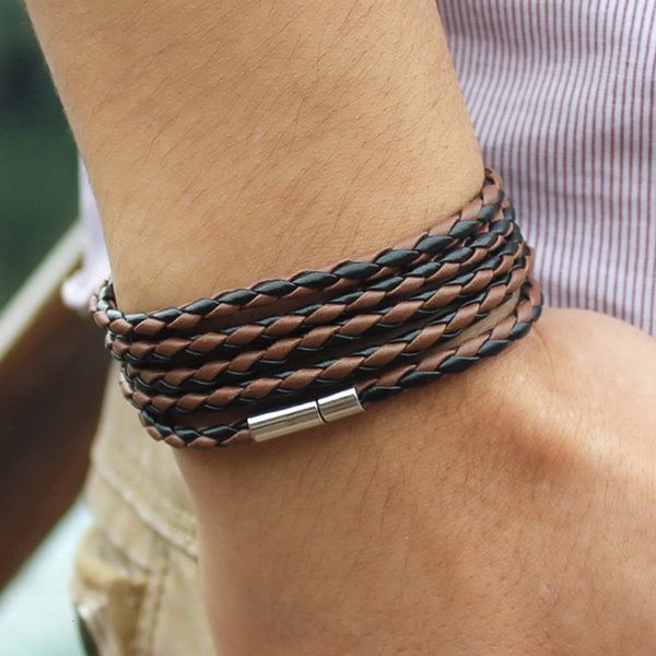 

fashionkfmgbracelets mesh mens black/brown leather magnetic stainless bangle steel clasp double wrap wristband beautiful