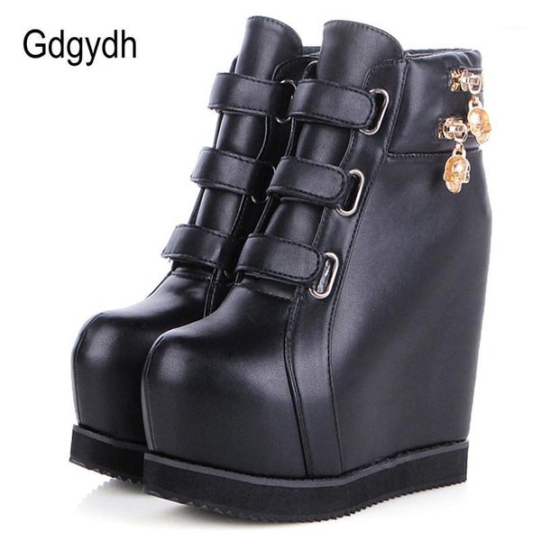 

gdgydh 2020 autumn women ankle boots pu soft leather round toe skull hook loop female short boots increasing heels women shoes1, Black