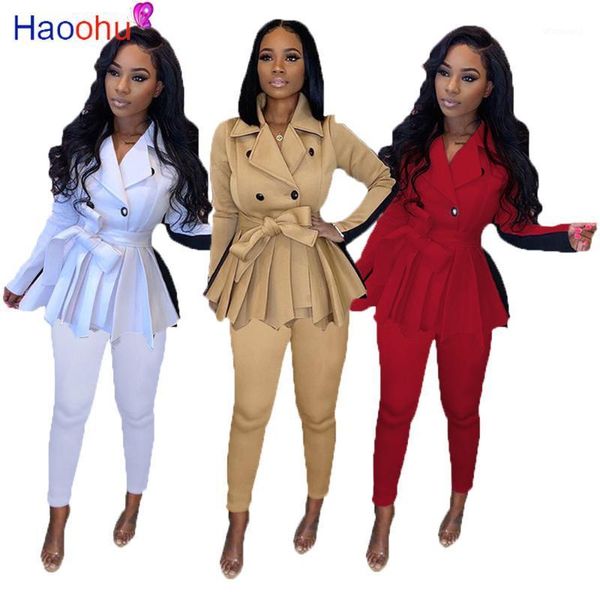 

haoohu women's set pleated blazer ruffle legging pants set office lady tracksuit fitness two piece outfit1, Gray