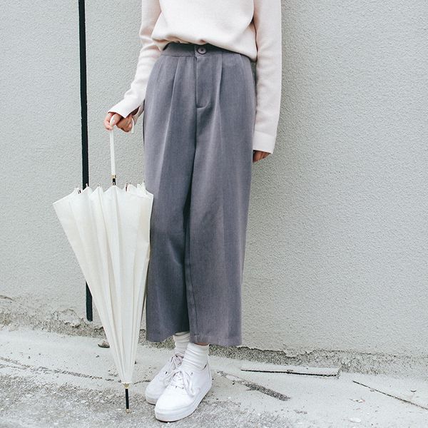 

wide leg pants women's solid color high waist trousers pleated loose casual elegant ladies korean fashion school daily girl t200422, Black;white