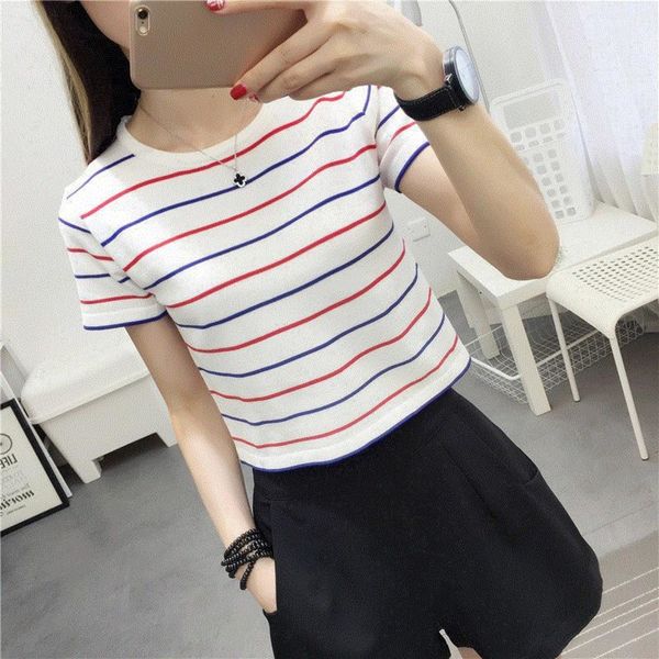 

shirts short sleeves summer women's . high waist 2020 round neck open navel t-stripe slim fit shorts and shorts short new korean ve, White
