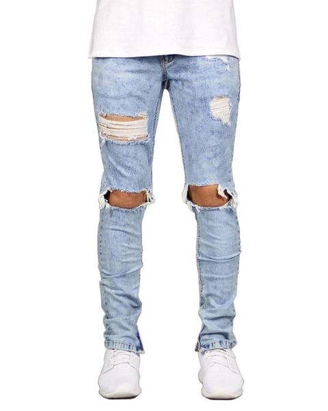 

men with holes skinny jeans europe and america high street jeans foot mouth zipper new style, Blue