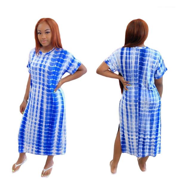 

dresses ladies tie dye clothes women two color plaid dress loose short sleeve o-neck split summer casual, Black;gray