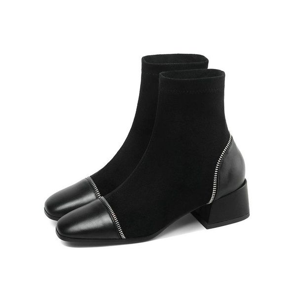 

patchwork square toe fashion ankle boots square heel women boots autumn winter women shoes big size 34-43, Black