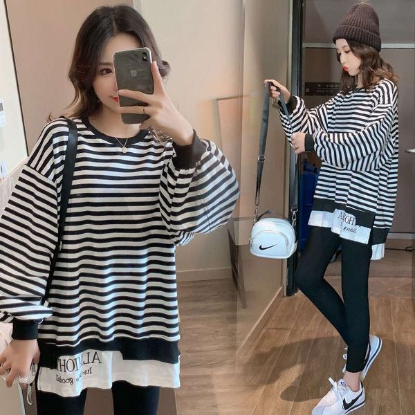 

autumn and winter clothes 2020 new women's big size fat mm, age reduction leisure fashion fake two piece striped sweater suit foreign s, Black