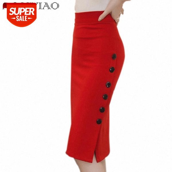 

2020 spring chic pencil skirts office look mid waist mid-calf solid skirt casual slim hip placketing plus size skirt s~5xl #4k37, White;black