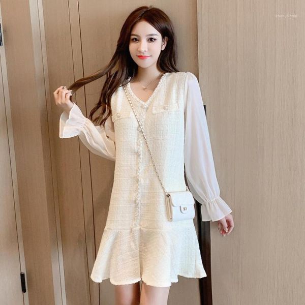 

2020 autumn winter designer dress women's v-neck peals buttons chiffon sleeve pathcwork tweed dress1, Black;gray