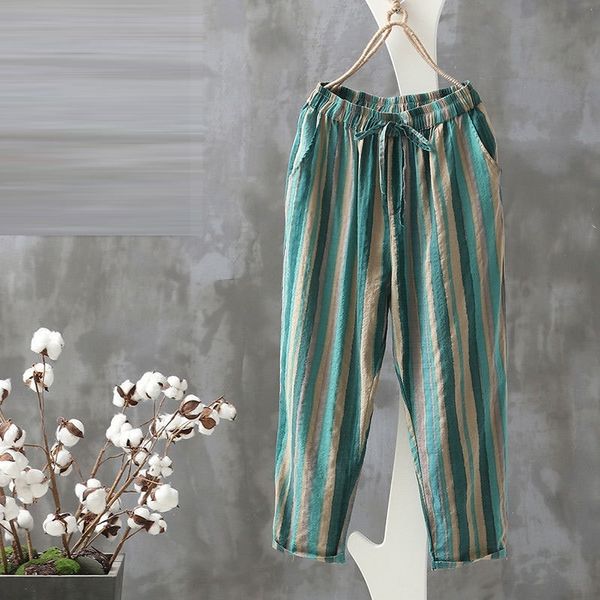 

summer fashion women pants plus size loose casual elastic waist striped harem pants vintage cotton linen ankle-length pants d125 201031, Black;white