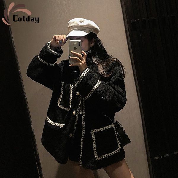 

cotday single breasted loose harajuku street style black mandarin collar 2021 new temperament autumn women jacket short coat, Black;brown
