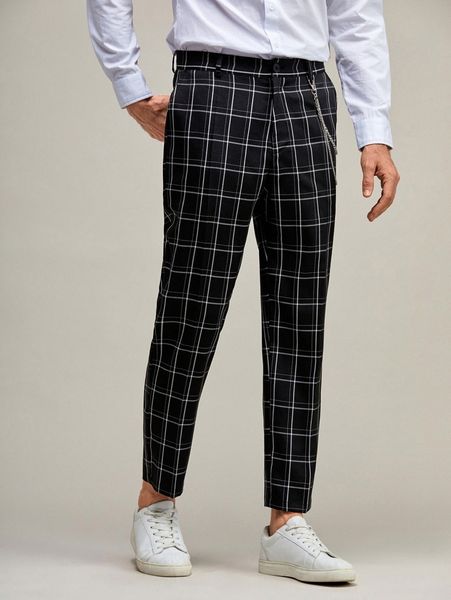 

men zipper fly grid print pants with chain n9oq#, Black