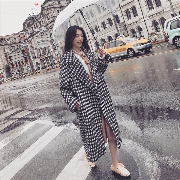 

nice spring winter women wool blends plaid cocoon coat batwing sleeve black white long loose outerwear coats