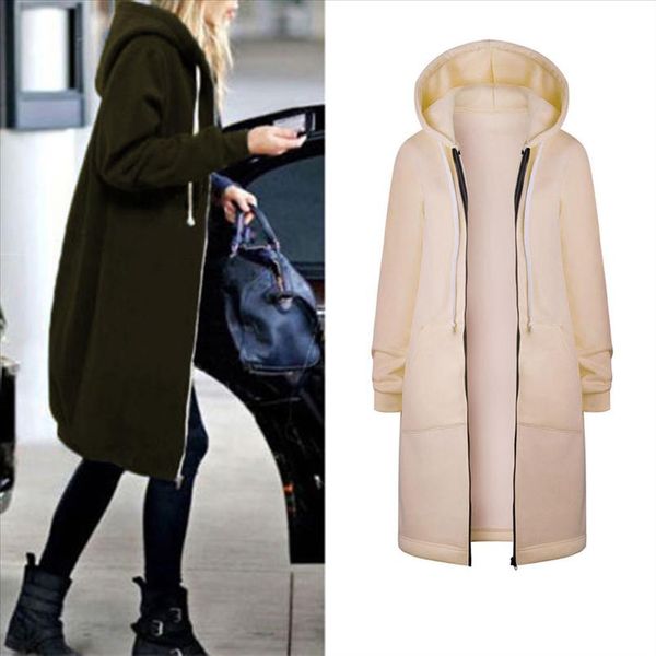 

winter coat women hoodies winter autumn warm zipper open up long hoodies outwear plus size clothes women coat abrigo mujer, Tan;black