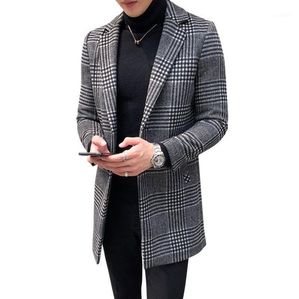 

fashion plaid 50% wool blends overcoat men slim fit long peacoat male winter wool trench coat plus size l-4xl1, Black