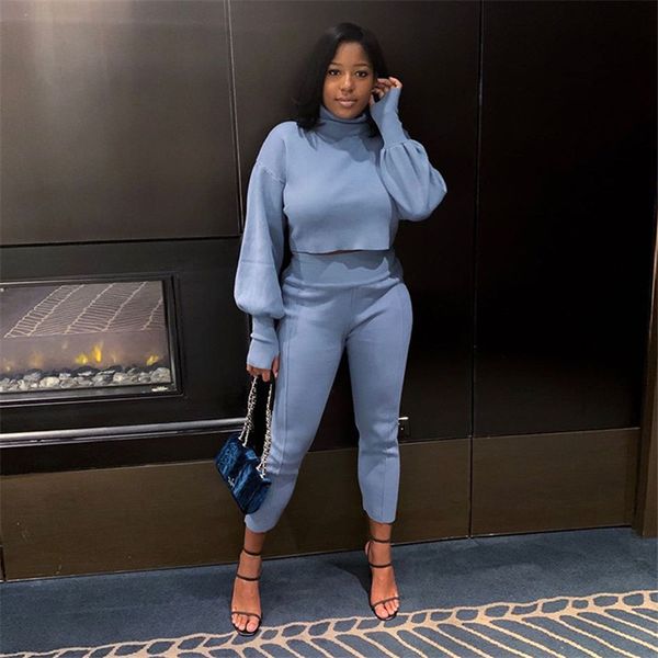 

fashion high neck two piece sets casual soild color two piece pants new designer womens clothing, White