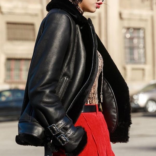 

winter fashion women's wool shirt short motorcycle cross-country clothing close to the body leather leather coat windscreen1, Black