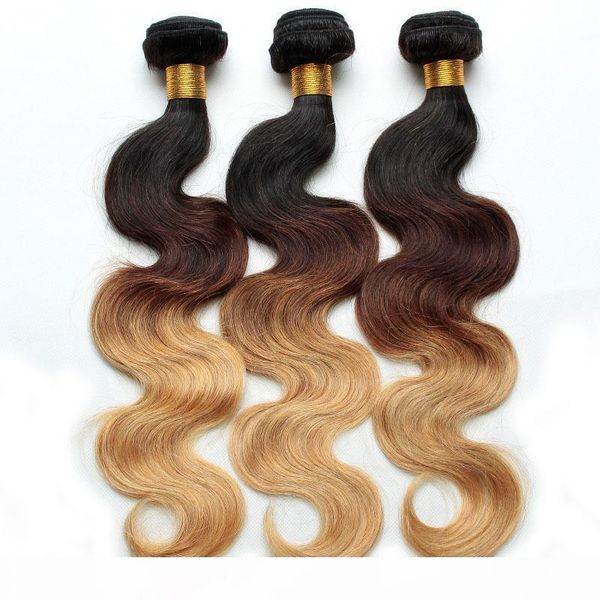 

ombre hair extensions brazilian body wave hair weave bundles three tone 1b 4 27 virgin human hair extensions 3 or 4 pcs lot, Black;brown