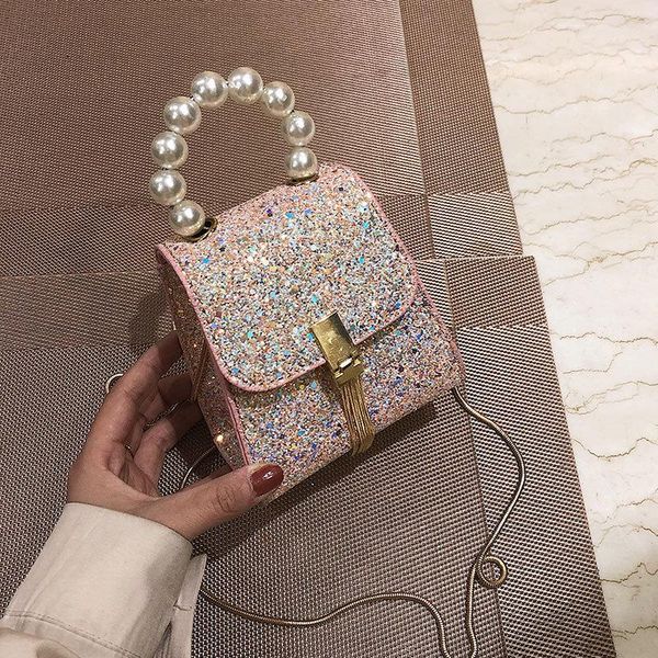 

tassel women's single shoulder crossbody bag all-match flap 2020 pearl chain packet mini sequin bling messenger coins bag female
