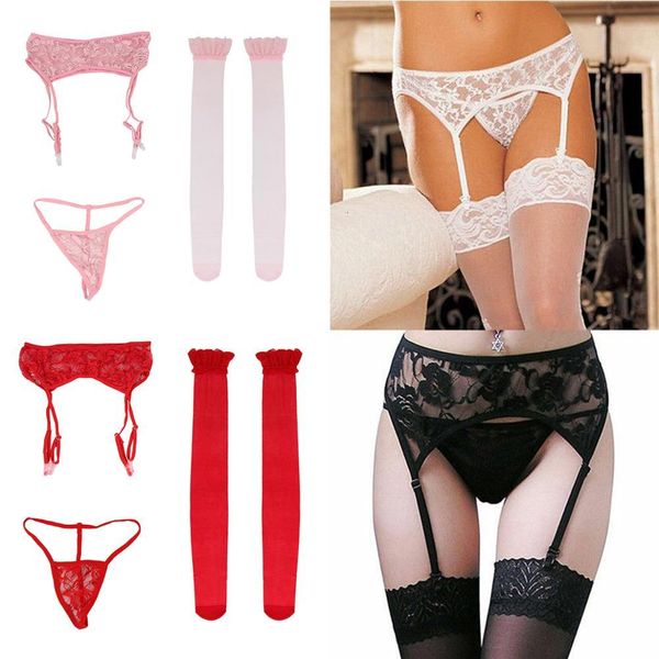 

1pc women's lace garter belt stocking g-string + thigh-highs stockings suspender lingerie bowknot, Black;white