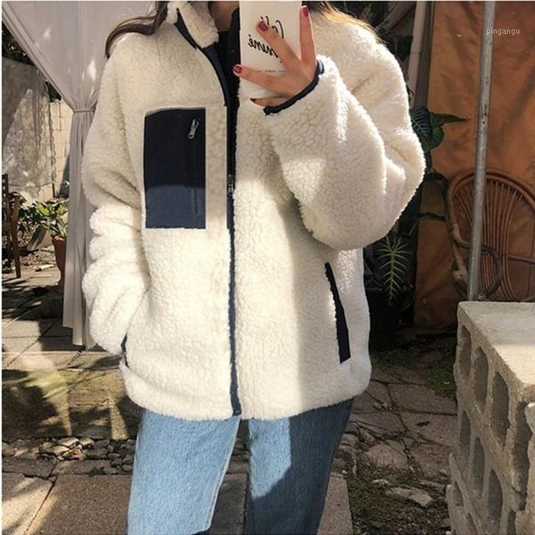 

winter new turn down collar lambs ted faux fur fleece jacket warm pocket zipper double-wear women chic elegant1, Black
