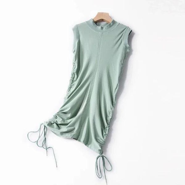 

women dress 2020 spring and summer new fashion sleeveless drawstring pleated dress women1, Black;gray