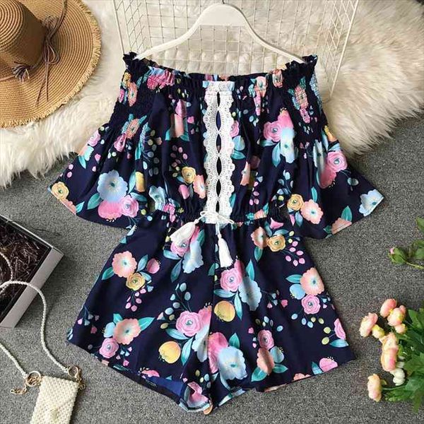 

Alphalmoda Summer Womens Boho Printed Playsuits Hollow Lace Trim Sashes Waist Ladies Beach Off-shoulder Romper, Black;white