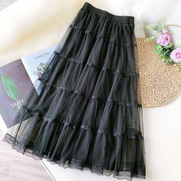 

sishion y2k tulle midi skirts falda 2021 new spring korean style women black pink high waist cake lace long skirt sp1345