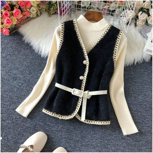 

new spring 2021 fashions thin female wool elegant waistcoat with sleeveless belt outerwear unique breasted jacket y216 6lxz, Black;white