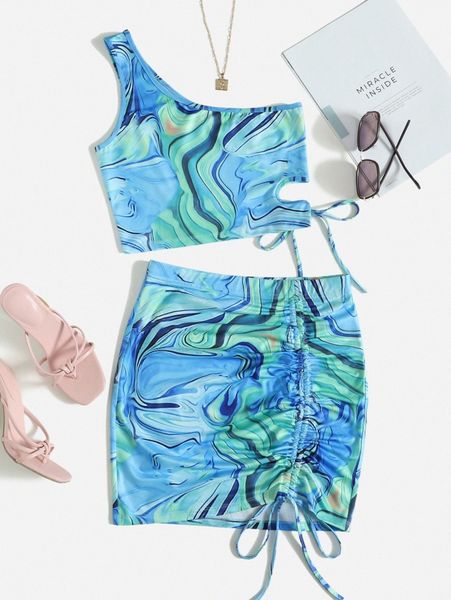 

one shoulder marbled print & drawstring side skirt set s9yl#, White