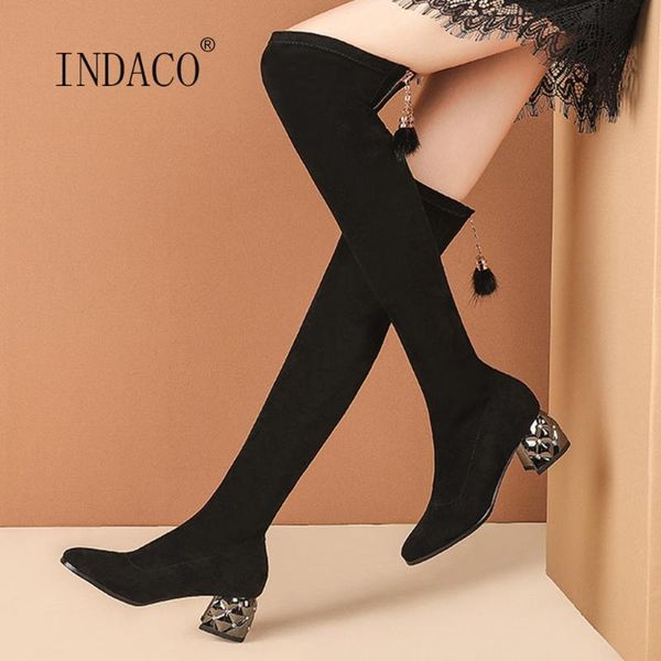 

2020 new fur fringe over the knee boots women winter boots warm black flock pointed toe high heel plus size 42